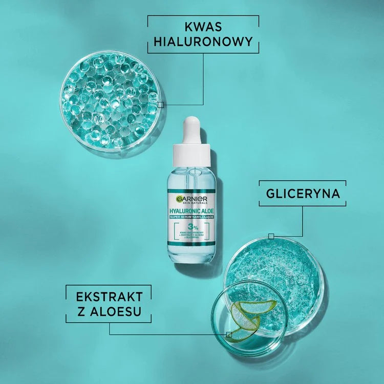 Garnier Skin Naturals serum bottle with hyaluronic acid, glycerin, and aloe extract on blue background