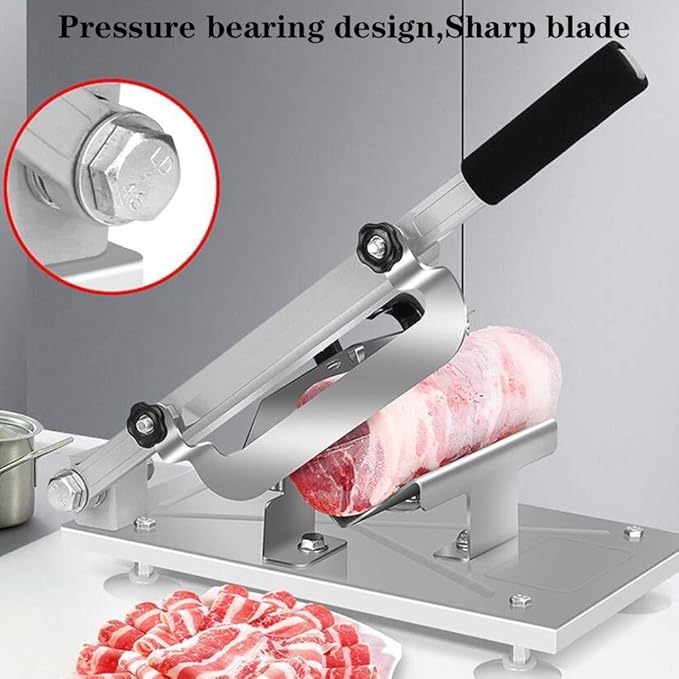 Souqzila heavy-duty meat slicer with sharp blade and pressure bearing design slicing raw meat