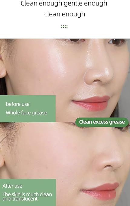 Before and after close-up showing skin with and without excess grease using green tea clay mask by Souqzila