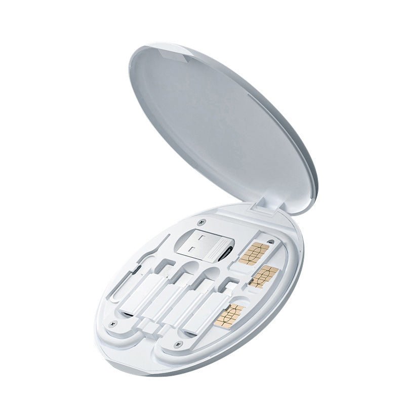 Souqzila 60W fast charging cable multi function cable kit in white oval case with adapters and SIM tools
