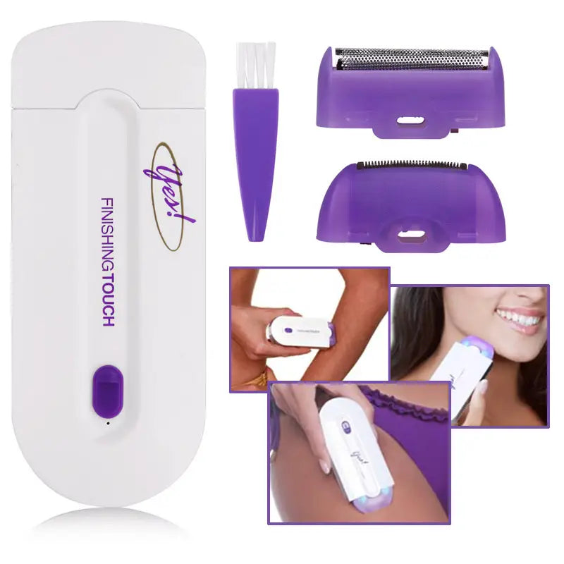 Souqzila Finishing Touch hair epilator white purple unit with two heads and cleaning brush shown on legs face underarm