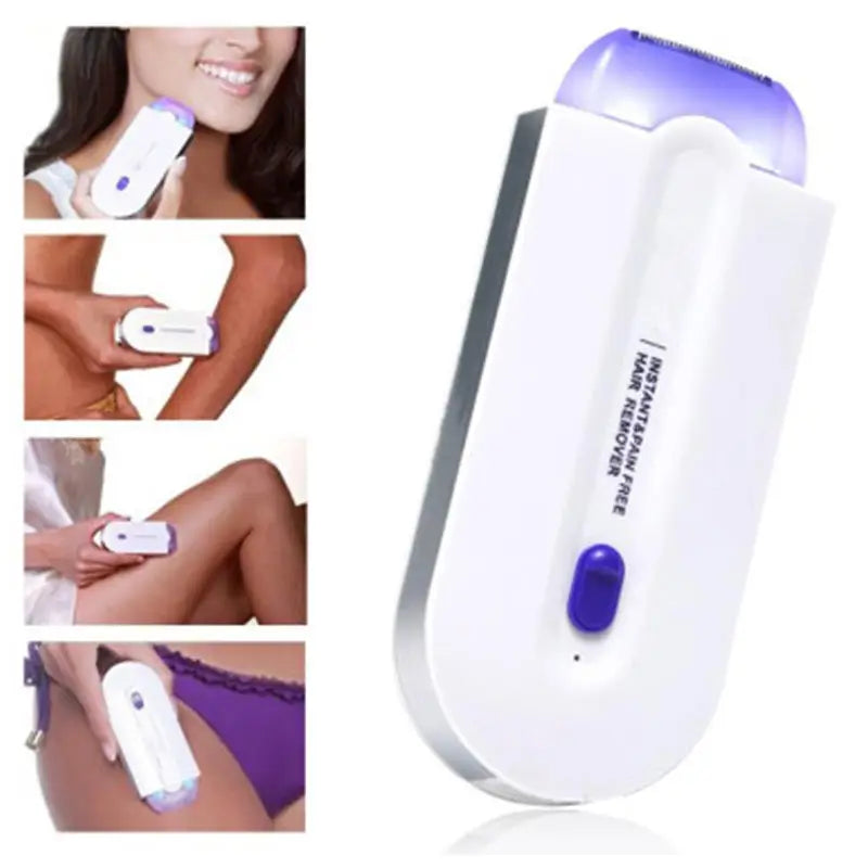 Souqzila Finishing Touch hair epilator white and purple electric remover shown on legs underarm bikini and face