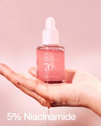 Anua Niacin Hyaluronic Serum bottle with dropper held over hand with water droplets