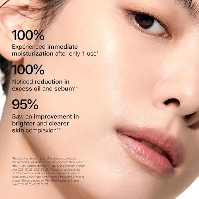 Close-up of a woman's clear glowing skin showing effects of Anua Rice Milk Moisturizer by Souqzila