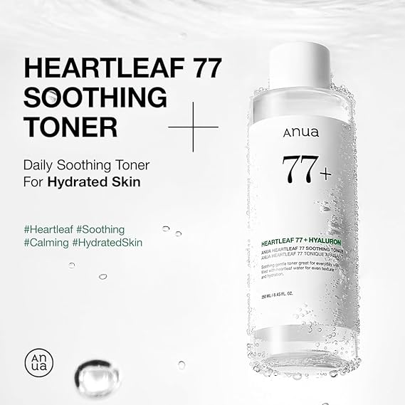 Anua Heartleaf 77 Soothing Toner bottle with water droplets promoting hydrated skin and calming effects