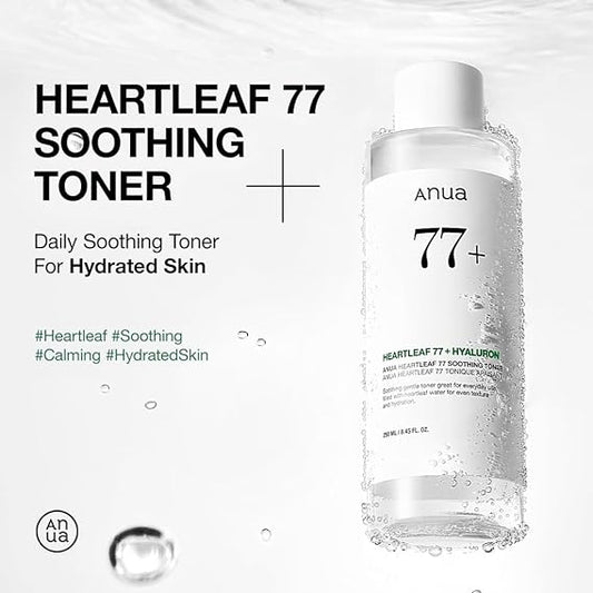 Anua Heartleaf 77 Soothing Toner bottle with water droplets promoting hydrated skin and calming effects