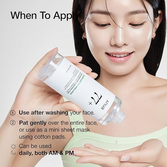 Woman applying Anua Heartleaf 77 Soothing Toner on her hands demonstrating how to use anua toner daily
