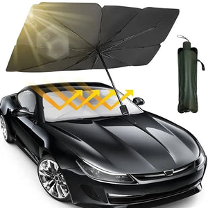 Souqzila car windshield umbrella shade protecting black car from sun rays with compact carrying case