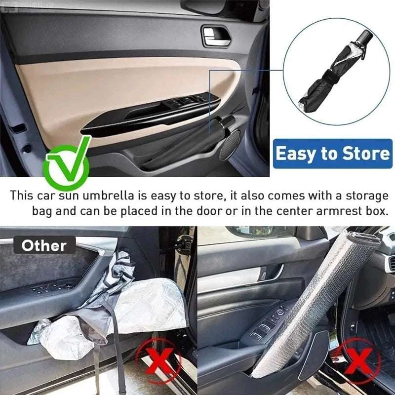 Souqzila car windshield umbrella shade folded and stored neatly in car door pocket showing easy storage feature
