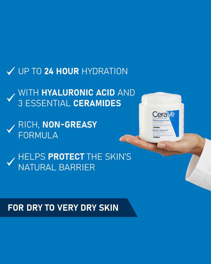 CeraVe Moisturizing Cream with ceramide hyaluronic moisturizer for 24 hour hydration and skin barrier protection