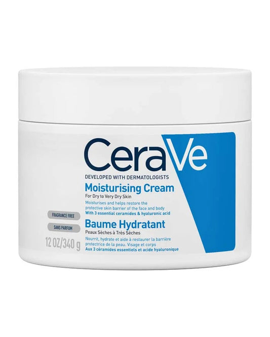 CeraVe Moisturizing Cream for Dry Skin enriched with ceramide hyaluronic moisturizer, suitable for face and body.