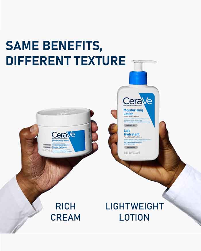 CeraVe Moisturizing Cream and Lotion showcasing ceramide hyaluronic moisturizer benefits with rich and lightweight textures.