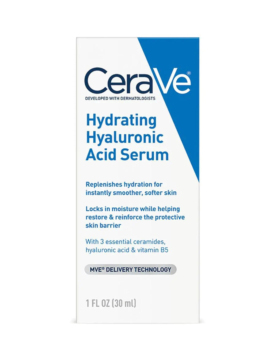 CeraVe Hydrating Hyaluronic Acid Serum packaging labeled best serum for dry skin with ceramides and vitamin B5