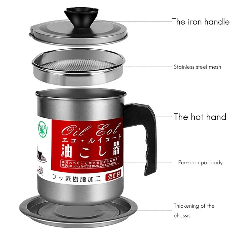Souqzila oil filter pot with stainless steel mesh and iron handle cooking oil saver