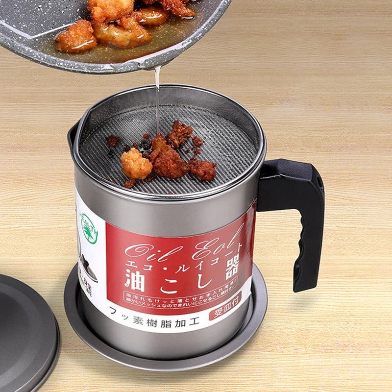 Souqzila oil filter pot with handle and strainer used as a cooking oil saver for frying food
