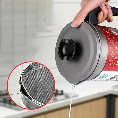 Souqzila oil filter pot with fine mesh strainer pouring oil for cooking oil saver in kitchen