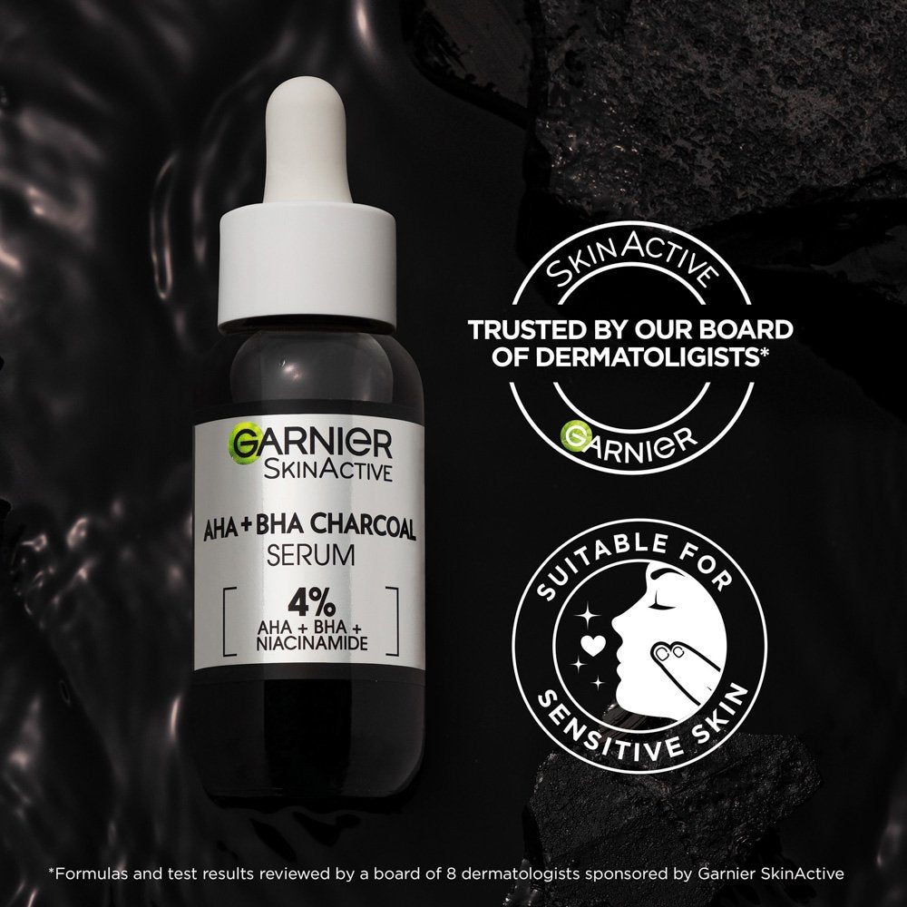 Garnier skin naturals AHA BHA charcoal serum bottle with 4% active ingredients for sensitive skin