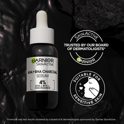 Garnier skin naturals AHA BHA charcoal serum bottle with 4% active ingredients for sensitive skin