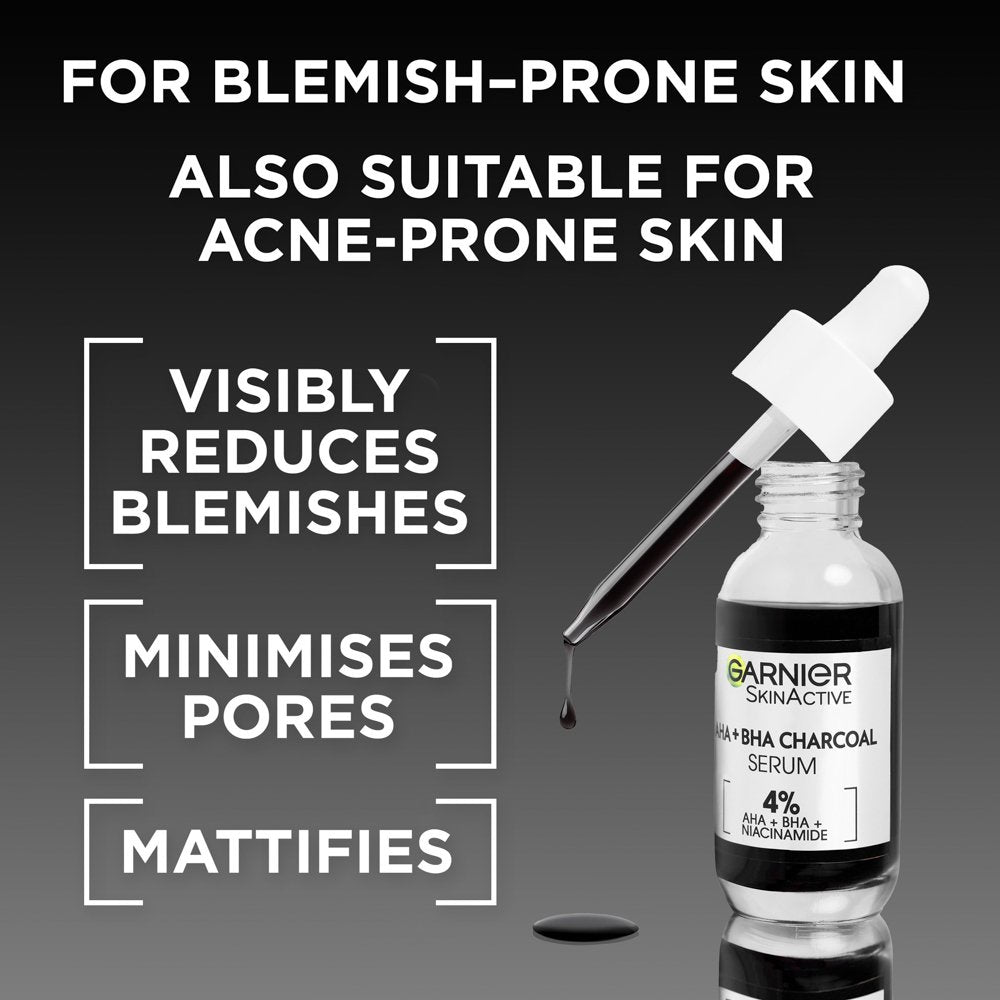 Garnier Skin Naturals AHA BHA Charcoal Serum for blemish and acne-prone skin with pore minimizing and mattifying effects