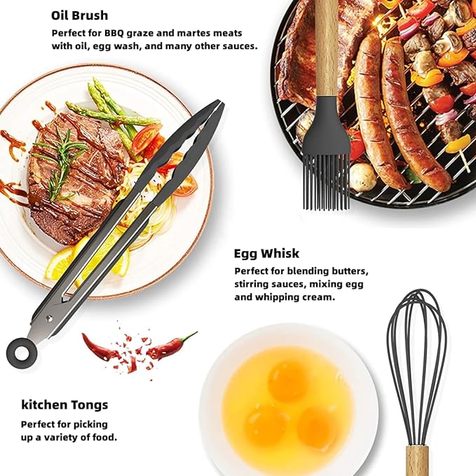 Souqzila heat resistant cooking utensils set including oil brush, egg whisk, and kitchen tongs with wooden handles