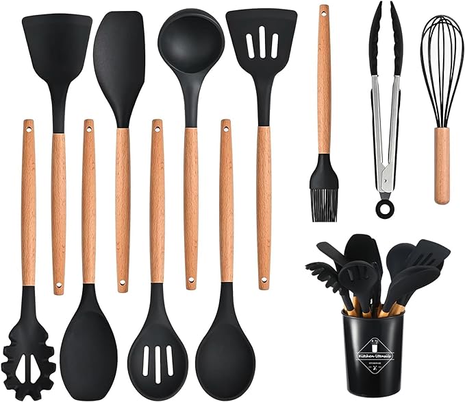Souqzila heat resistant cooking utensils set with wooden handles and black silicone heads including spatula ladle whisk and tongs