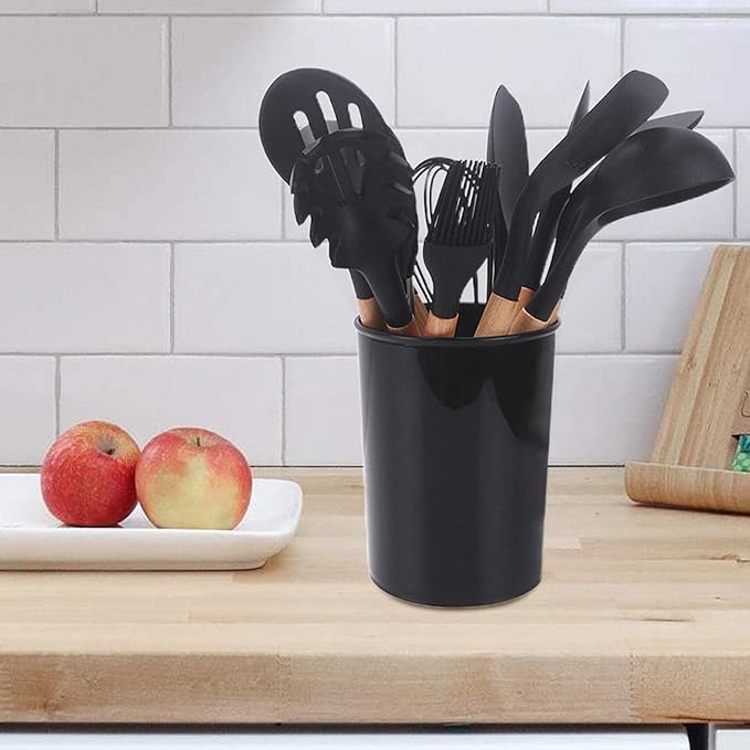 Souqzila heat resistant cooking utensils set in black with wooden handles in a countertop holder