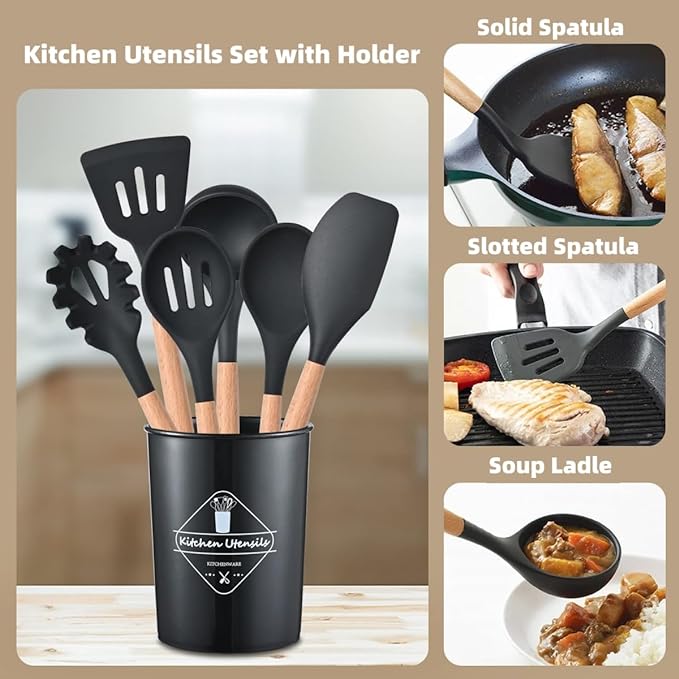 Souqzila heat resistant cooking utensils set with wooden handles and black silicone heads in black holder