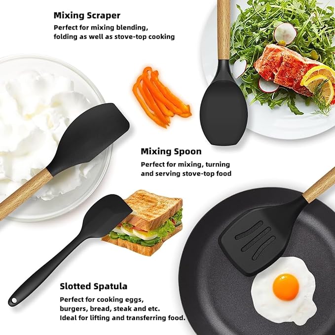 Souqzila heat resistant cooking utensils set with mixing scraper, mixing spoon, and slotted spatula for stove-top cooking