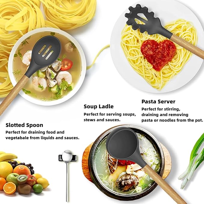 Souqzila heat resistant cooking utensils set with slotted spoon, soup ladle, and pasta server with wooden handles