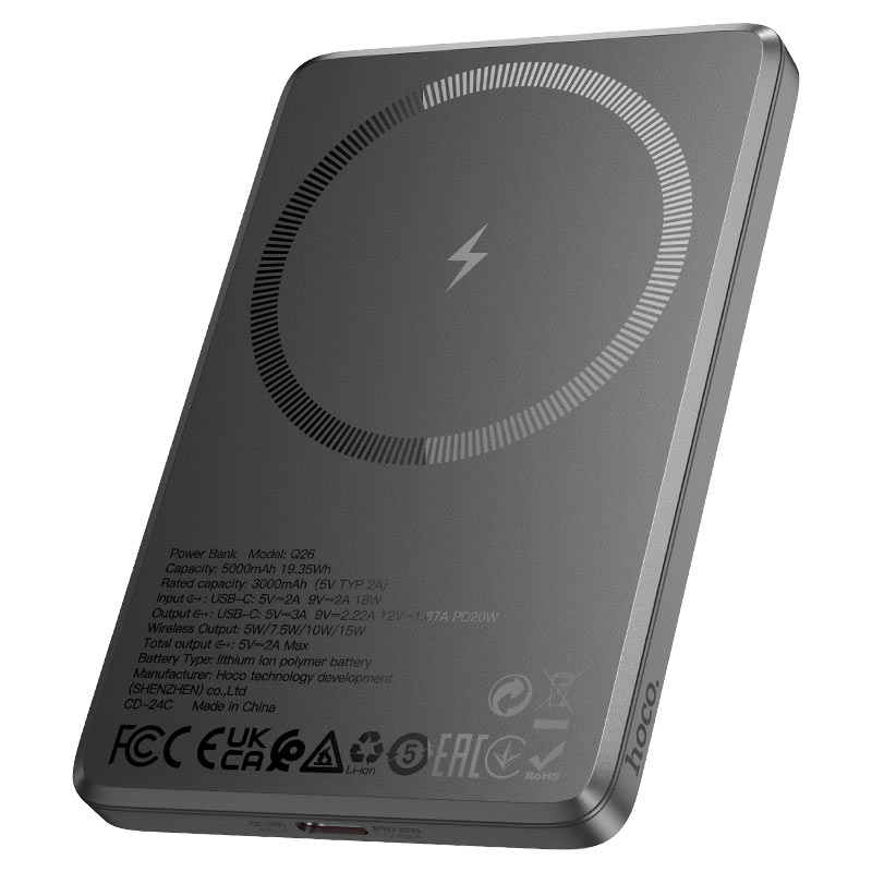 Hoco Q26 slim gray Souqzila fast charging wireless power bank with magnetic coil symbol and USB C port