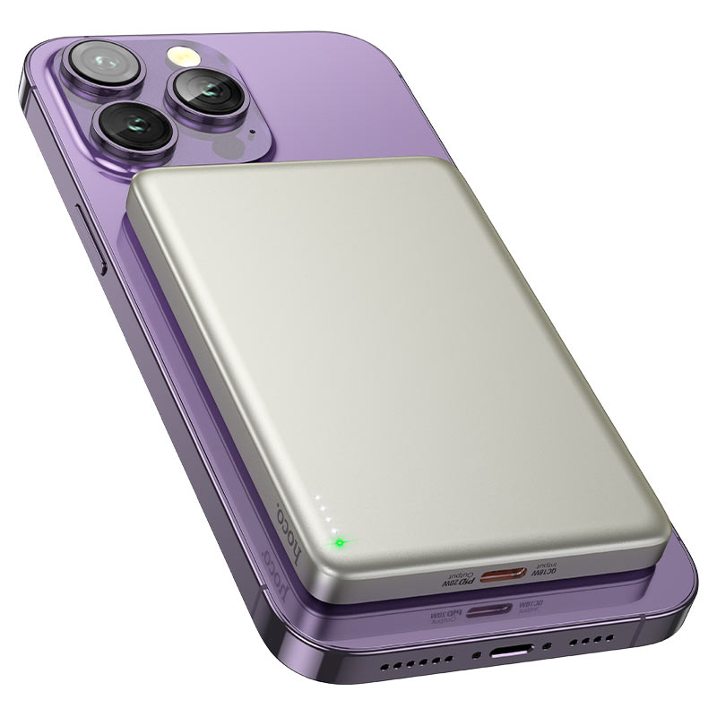 Souqzila Hoco Power Bank Q26 silver magnetic pack on purple smartphone with LED fast charging wireless power bank