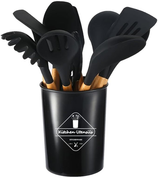 Souqzila heat resistant cooking utensils set with wooden handles in black holder for kitchen use