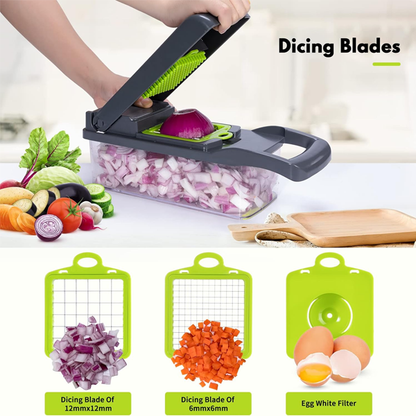 Souqzila multifunctional vegetable slicer with dicing blades slicing red onion into container