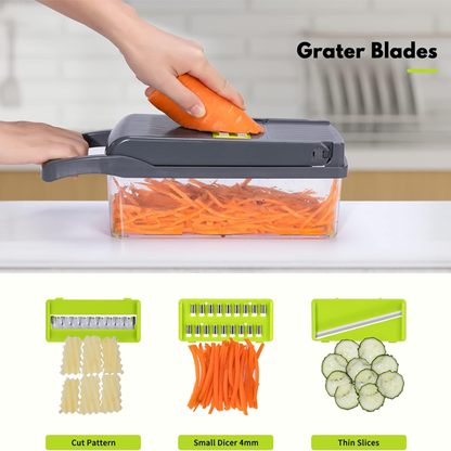 Souqzila multifunctional vegetable slicer with grater blades slicing carrots into thin slices and small dices