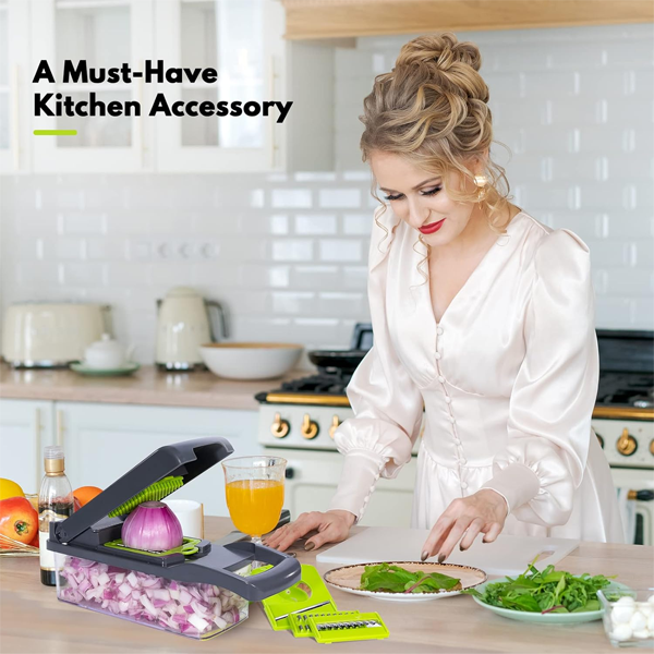 Multifunctional vegetable slicer by Souqzila with chopped onions in container and woman preparing food