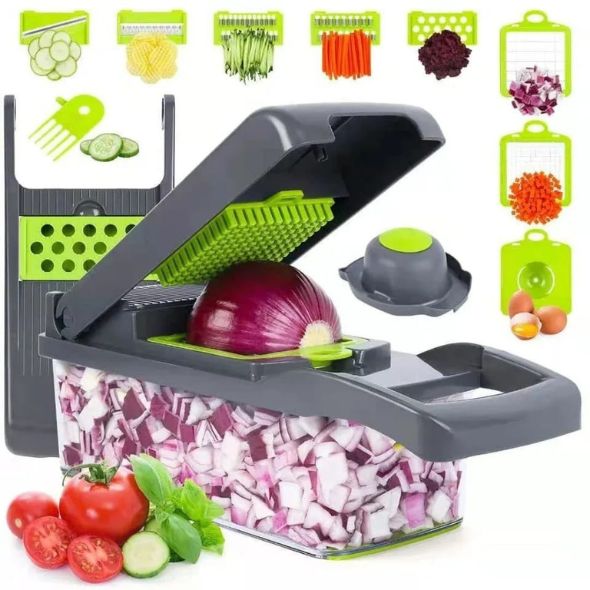Souqzila multifunctional vegetable slicer with white blade attachment surrounded by water splash