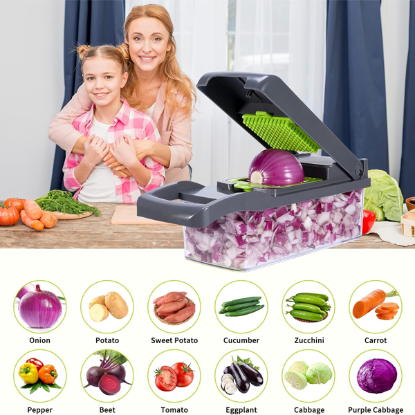 Souqzila multifunctional vegetable slicer dicing red onion with fresh vegetables and smiling family in background