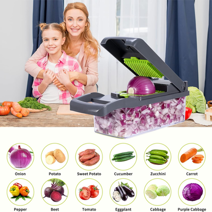Souqzila multifunctional vegetable slicer dicing red onion with fresh vegetables and smiling family in background