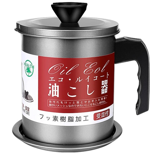 Souqzila oil filter pot with black handle and lid cooking oil saver for kitchen use