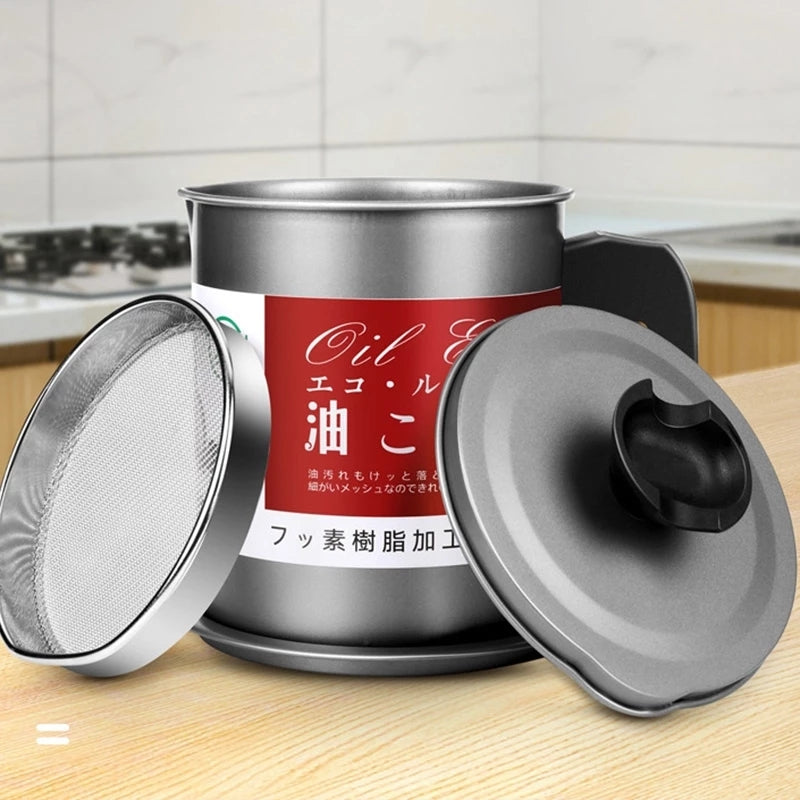 Souqzila oil filter pot with lid and mesh strainer designed as a cooking oil saver for kitchen use