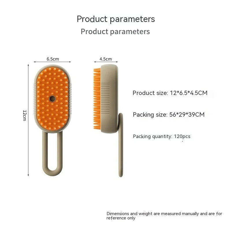 Souqzila 3 in 1 electric pet grooming brush for cats showing orange rubber massage pad and bristles with measurements