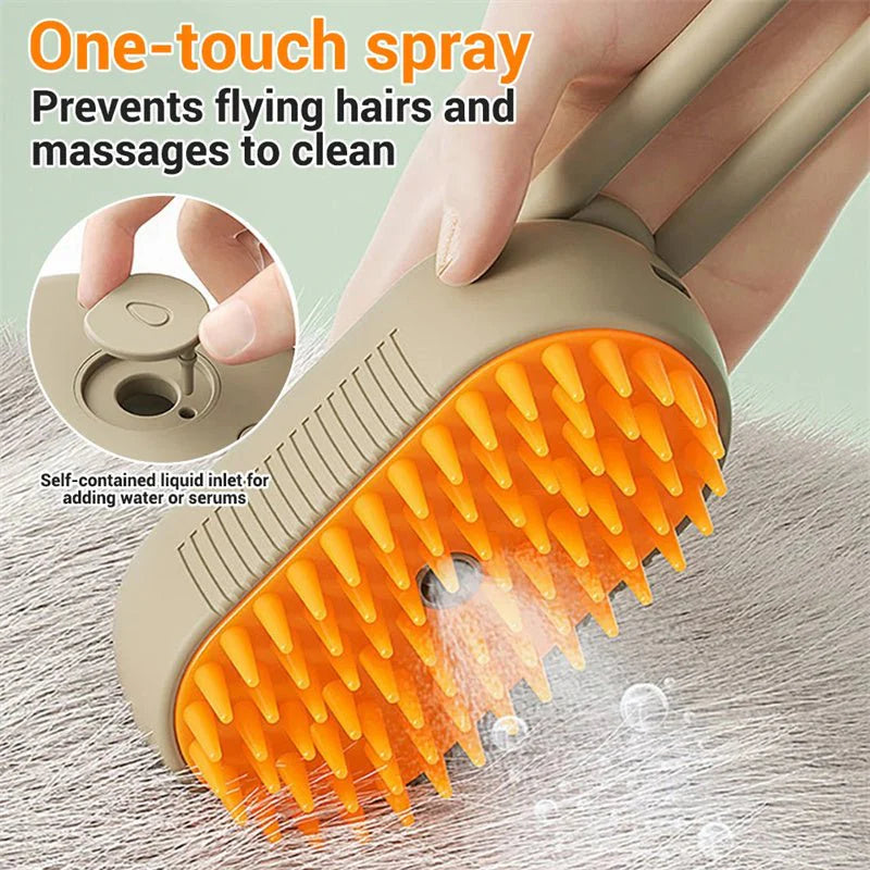 Souqzila 3 in 1 electric pet grooming brush with one touch spray and silicone orange bristles on cat fur