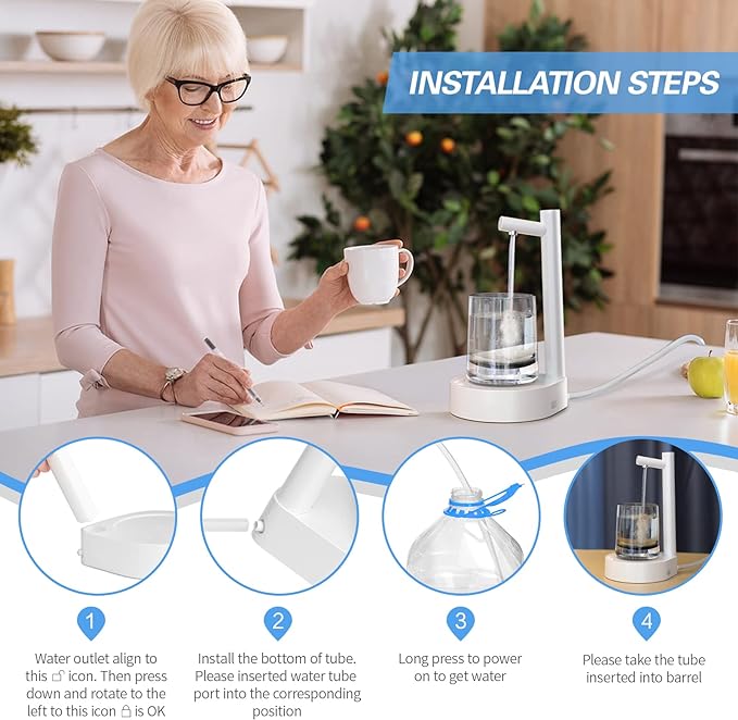 Souqzila portable electric water dispenser for home shown with installation steps and user demonstration