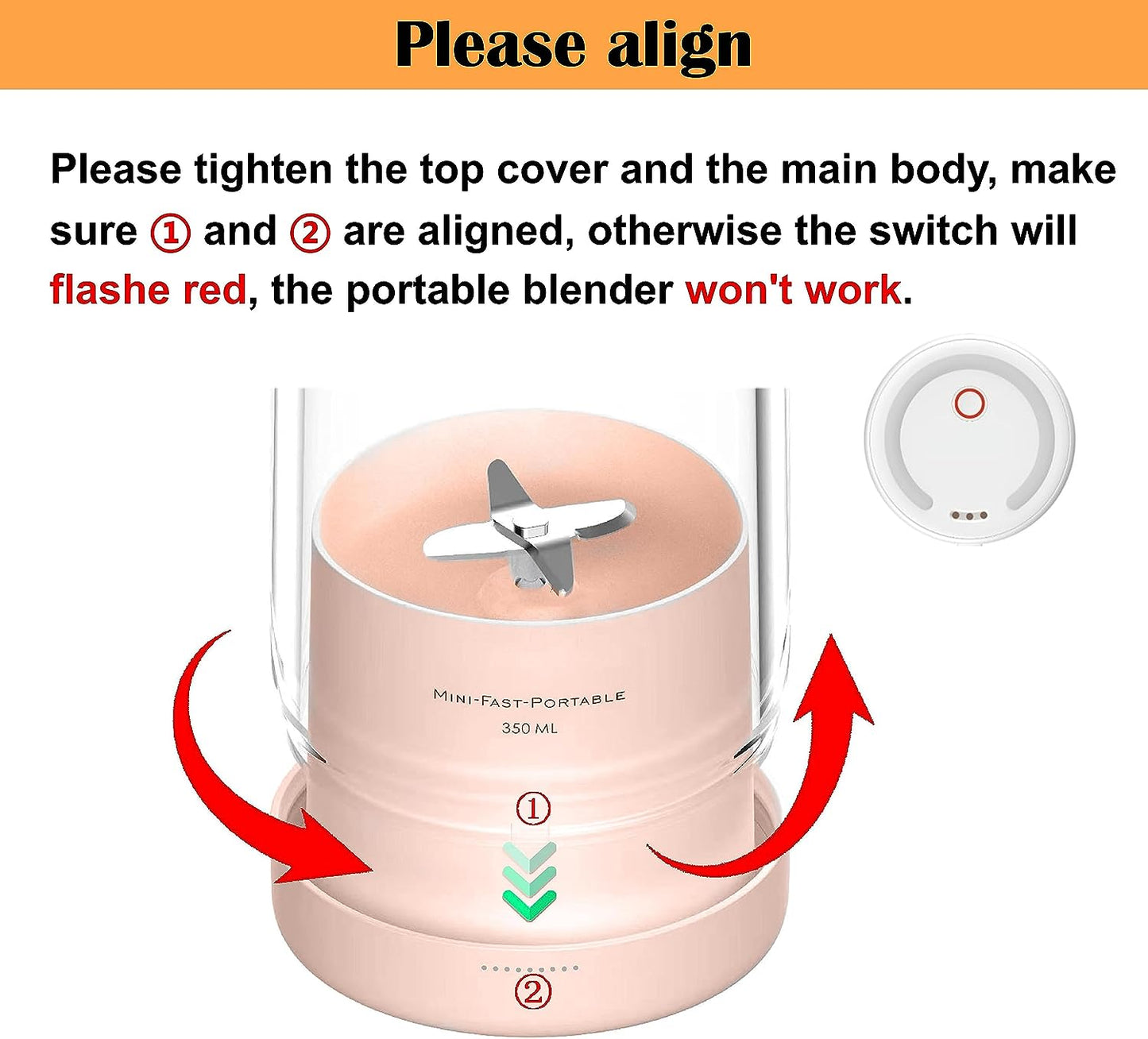 Instructions for Souqzila portable juicer bottle showing alignment of top cover and main body