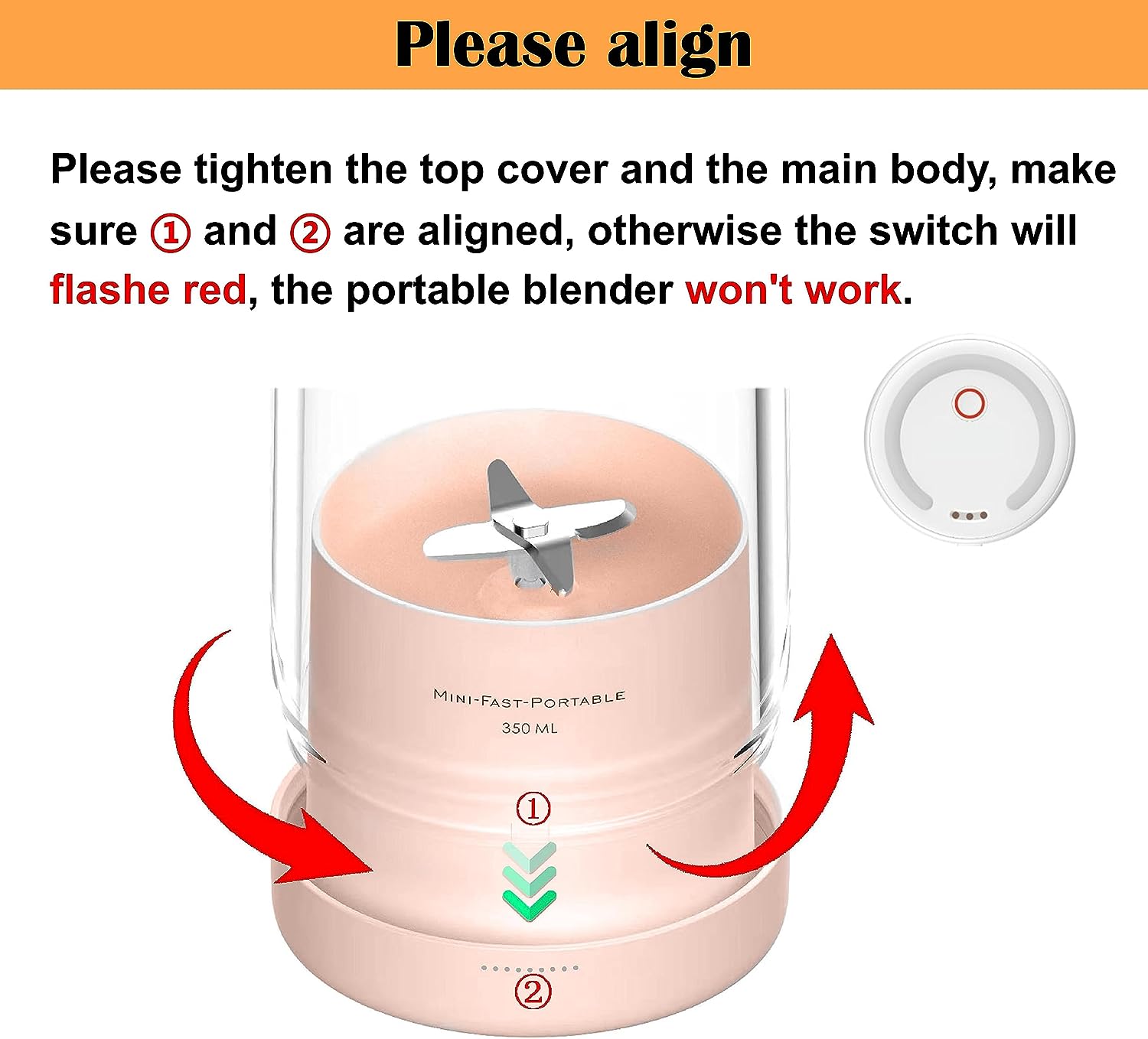 Instructions for Souqzila portable juicer bottle showing alignment of top cover and main body