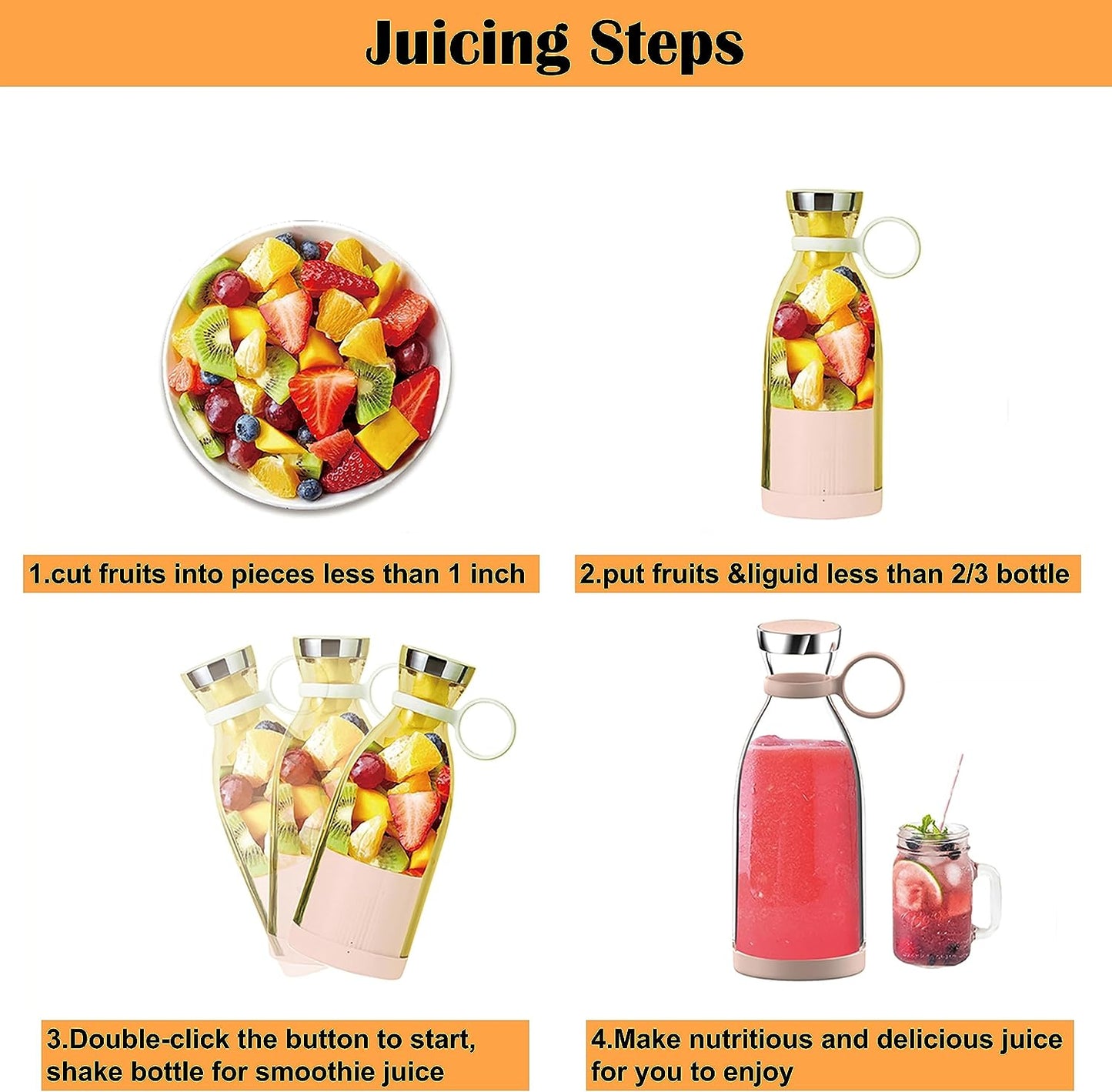 Souqzila portable juicer bottle with step-by-step instructions for making fresh juice