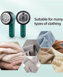 Souqzila portable lint remover trimmer with images of various fabric types suitable for use