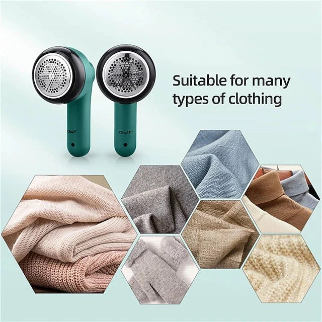 Souqzila portable lint remover trimmer with images of various fabric types suitable for use