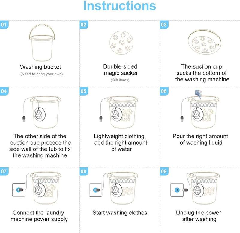 Instructions for using a portable mini washing machine with steps and illustrations for effective operation