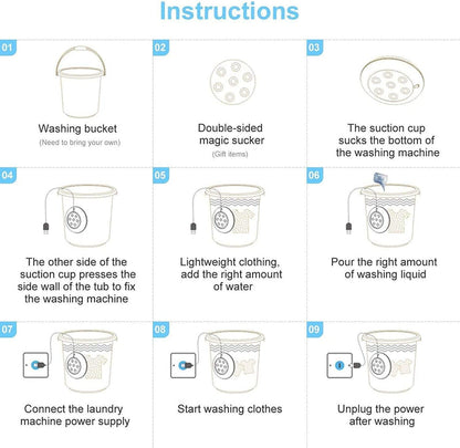 Instructions for using a portable mini washing machine with steps and illustrations for effective operation